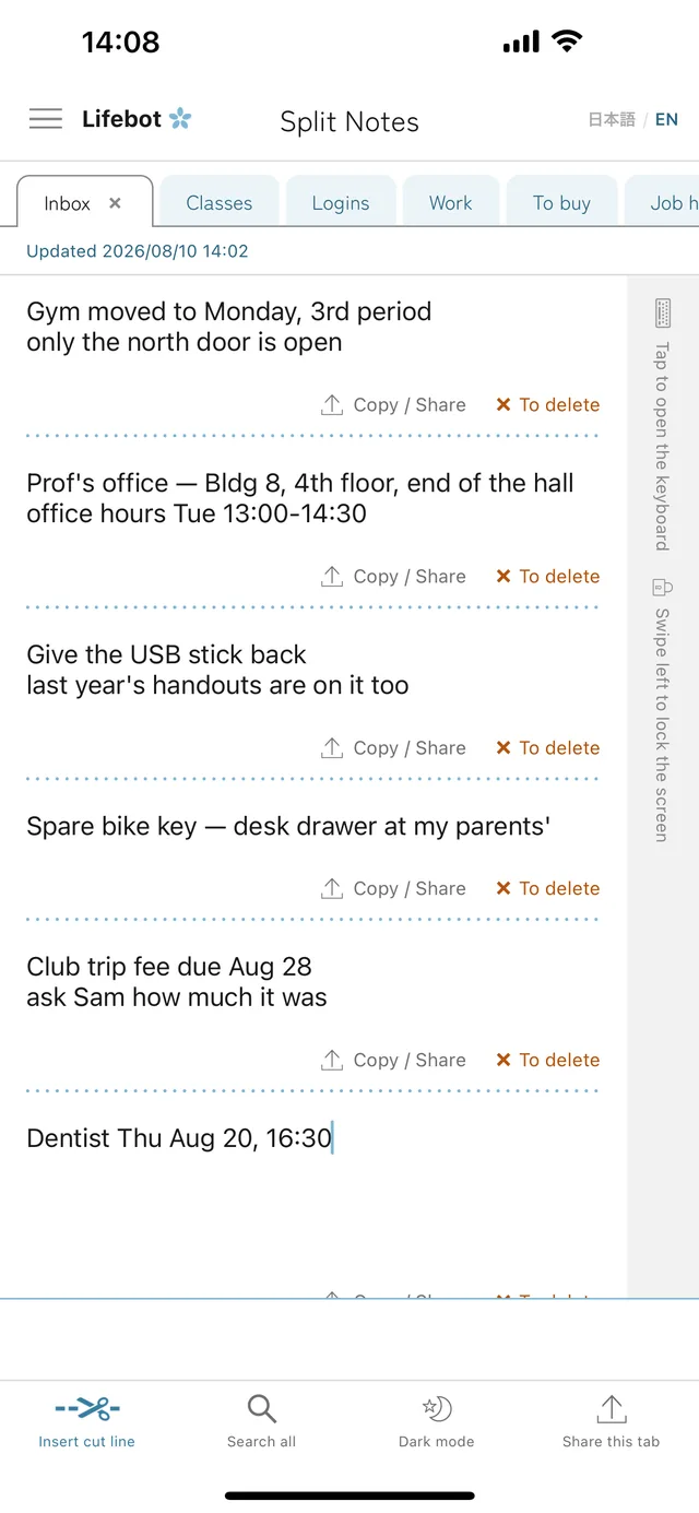A single note divided into six blocks by dotted cut lines, with Copy / Share and To delete buttons above each line