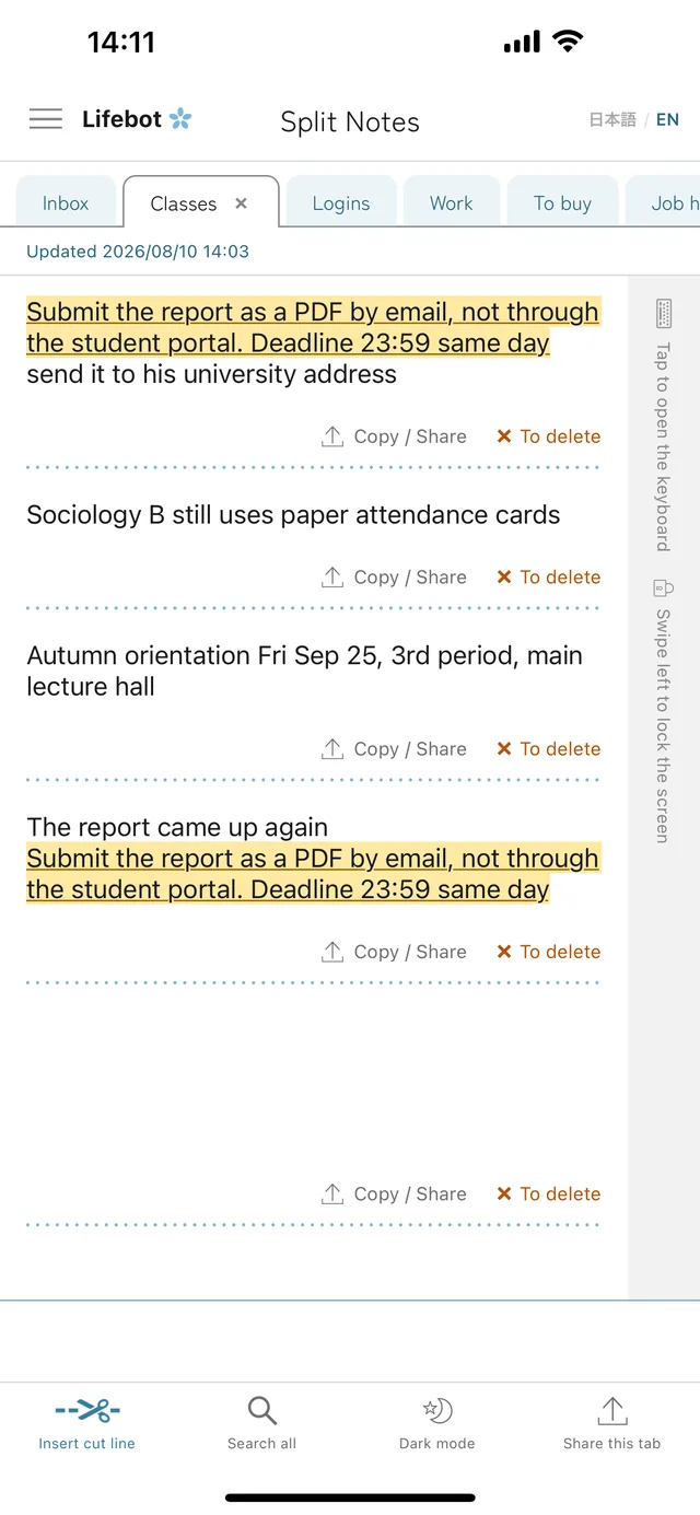 Back in the note, the two matching places are highlighted in yellow