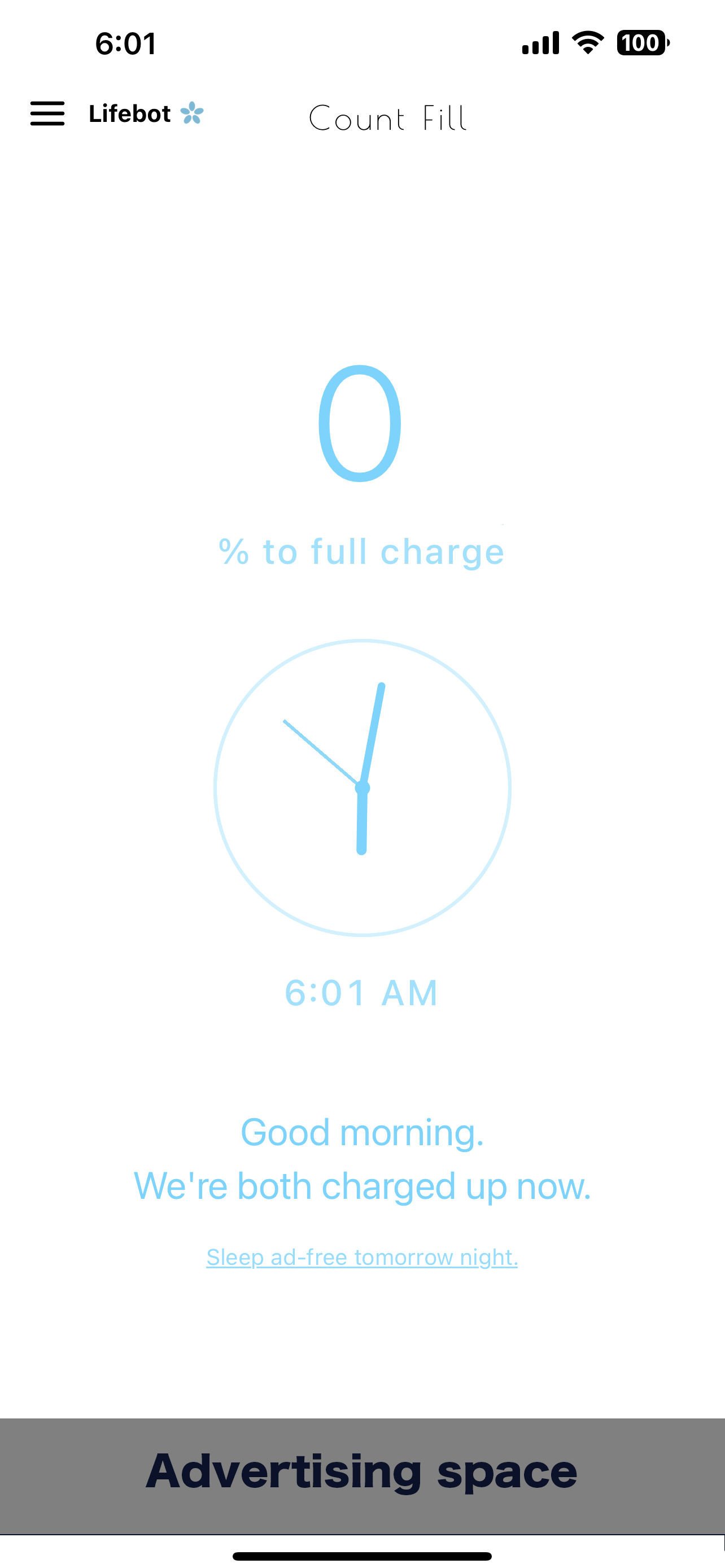 クロージング画面：Good morning. We're both charged up now.
