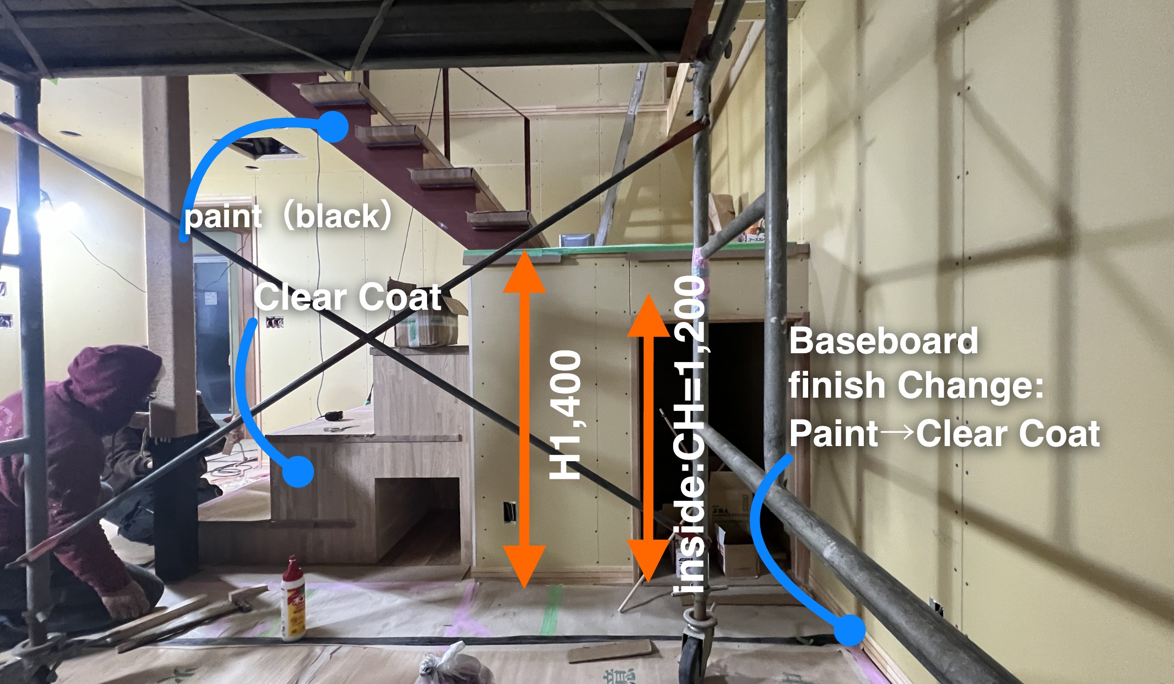 Finished result: lead-line/text notes and orange dimension lines on the photo