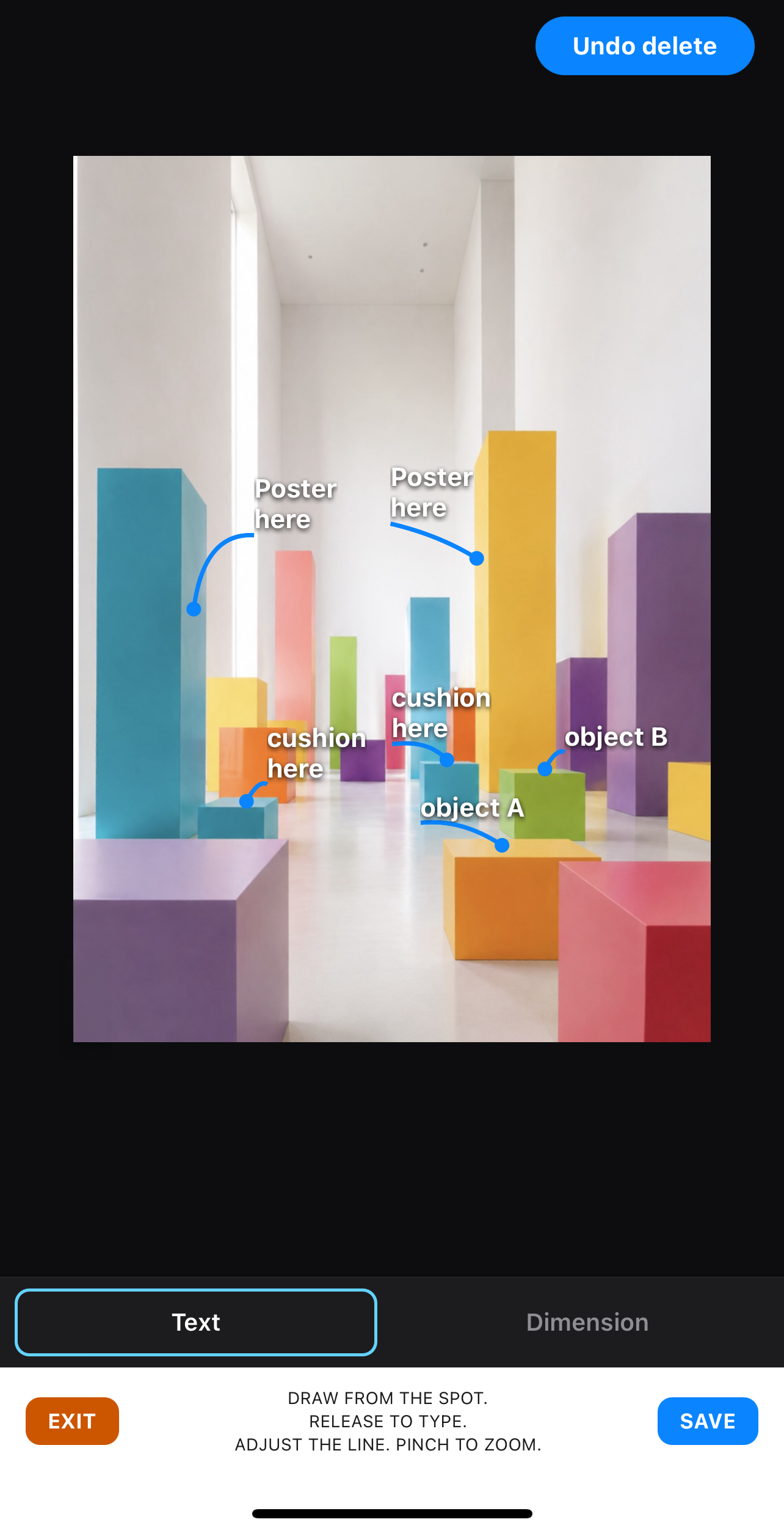Annotate screen: blue lead lines and white text notes on the photo