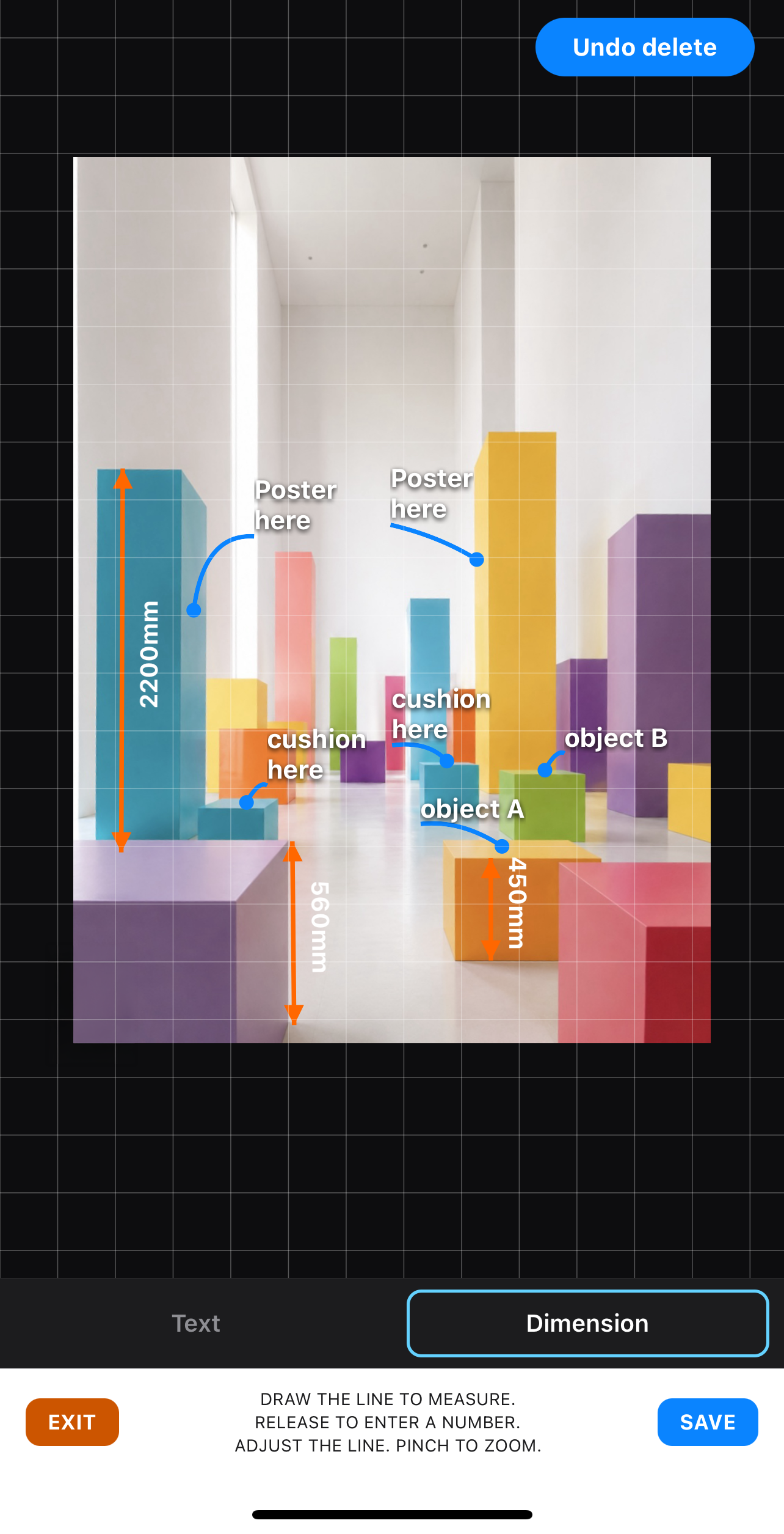 Dimension mode: orange dimension lines with arrows and numbers