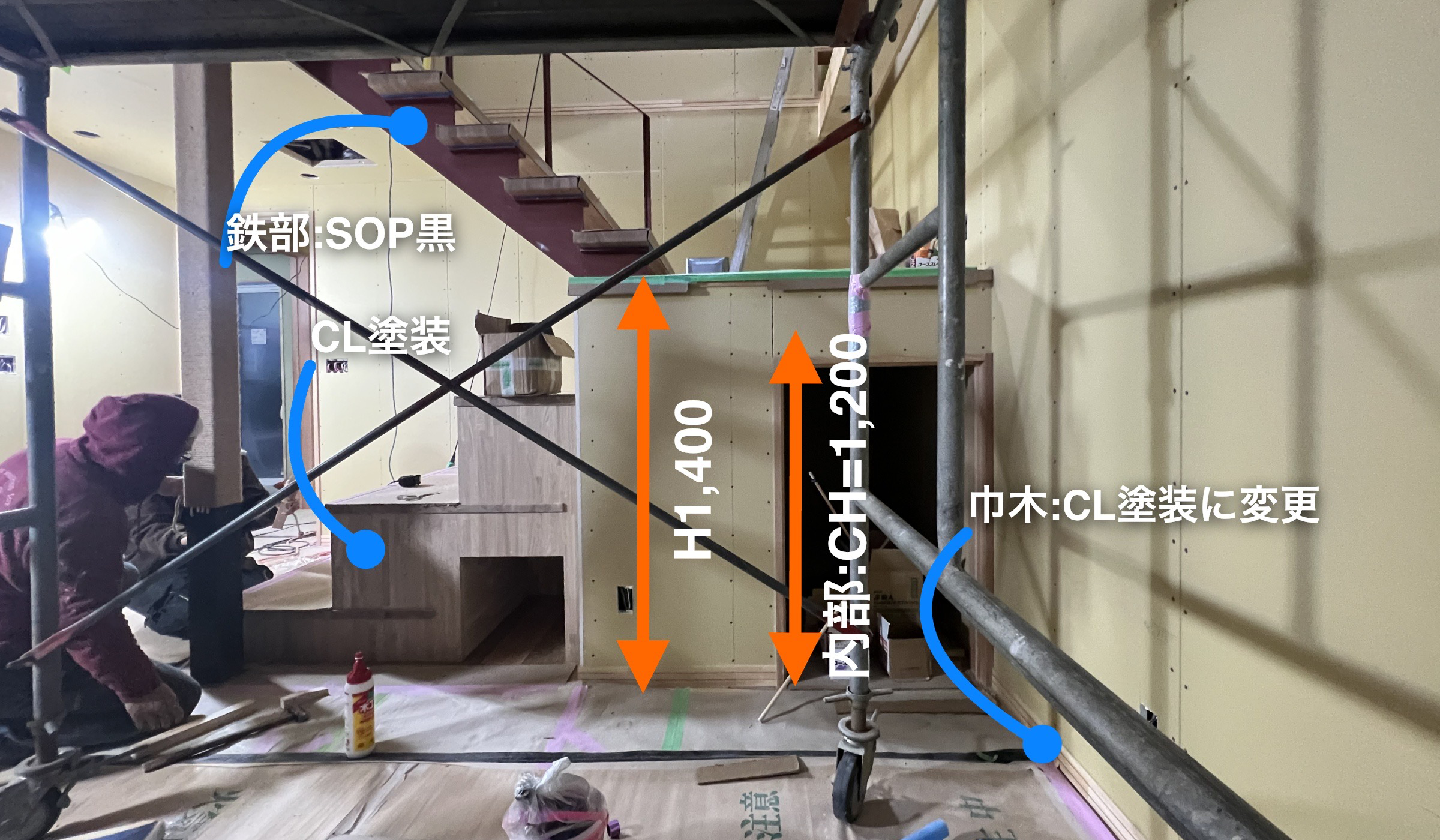 仕上がり例：引き出し線＋文字の注記と、オレンジの寸法線が乗った写真