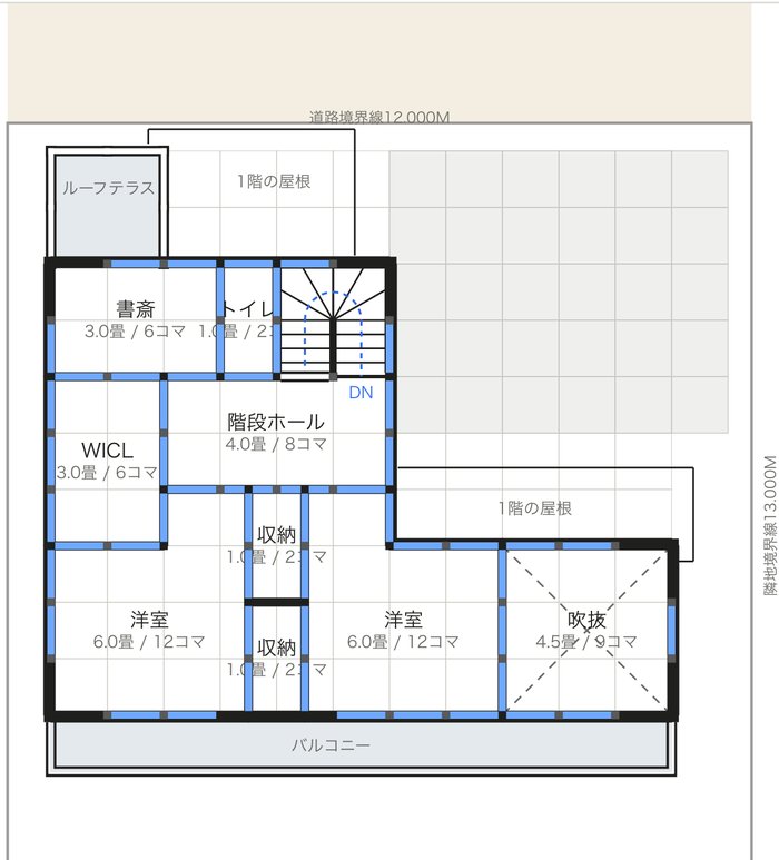 部屋配置から壁が自動生成される様子：生成された壁が青くハイライトされている状態